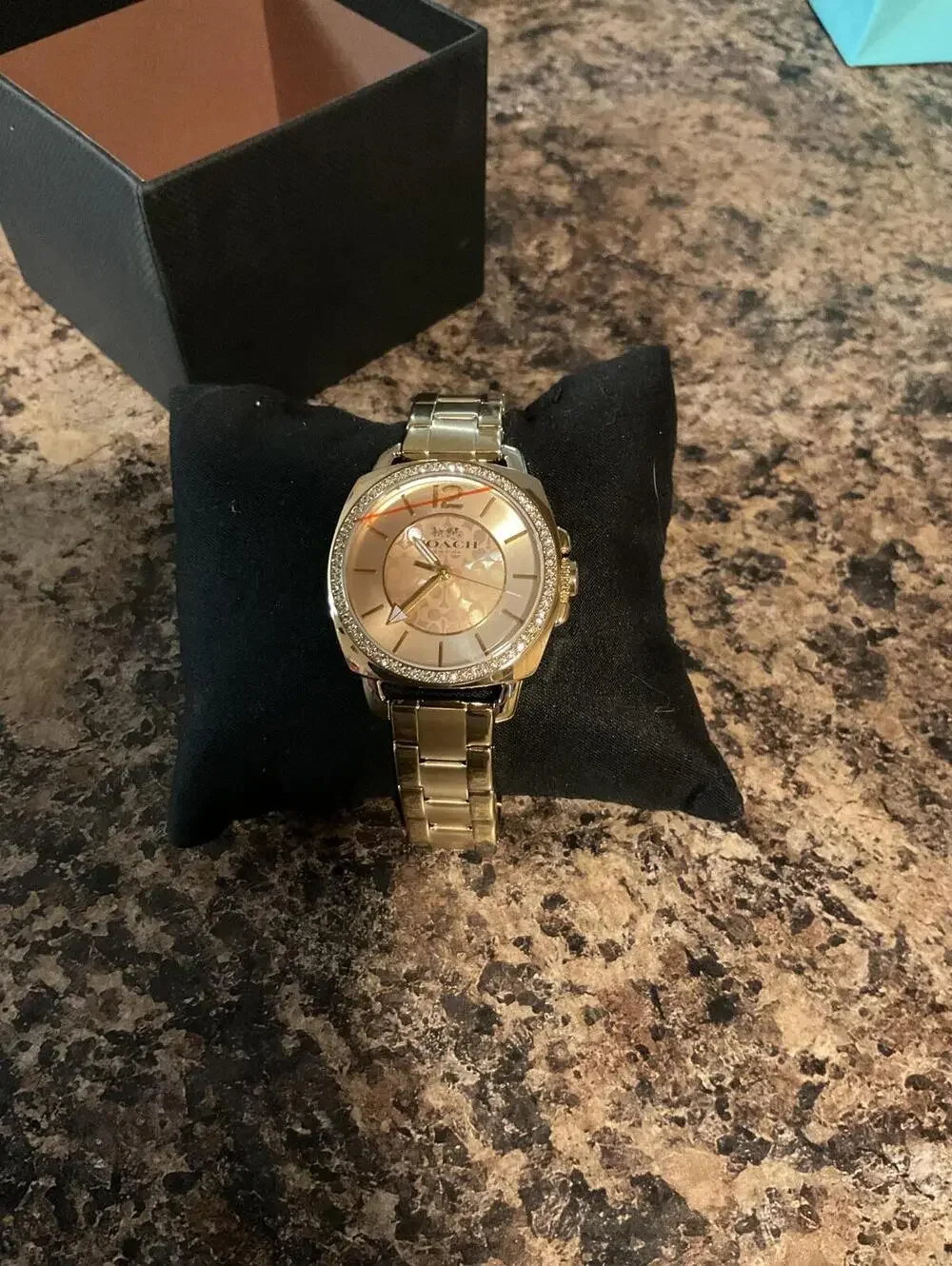 COACH Boyfriend Gold Tone Watch 14503141 Crystal Bezel Signature C Dial + Box